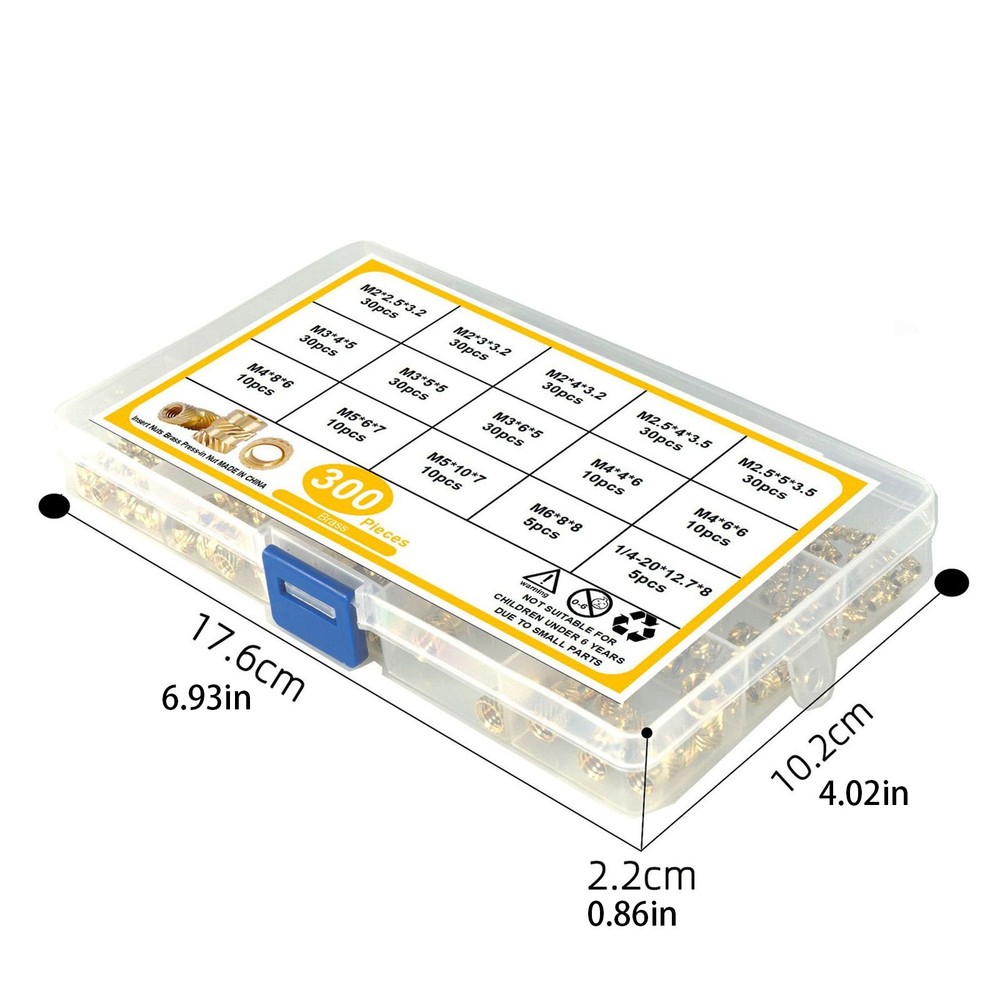 300Pcs M2-M6 Thread Knurled Brass Threaded Insert Embedment Nut Kit+Plastic Box