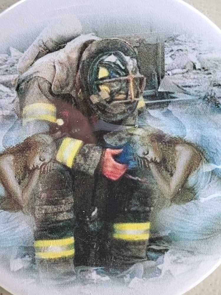 Fireman Firefighter Resting With Angels , Art, Button Pin