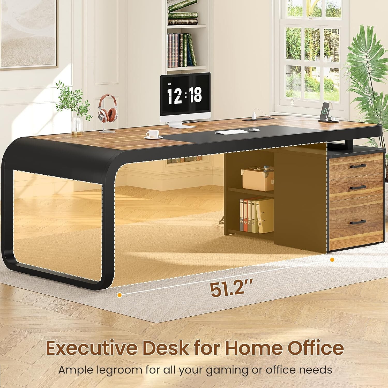 70.9" Executive Desk with File Cabinet, Large Computer Desk for Home Office