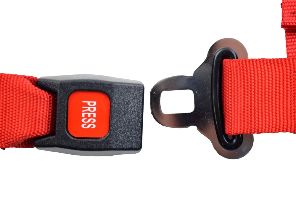 RED 4 POINT SEAT BELT 2" HARNESS, PULL DOWN LAP BELTS FLOOR MOUNT PUSH BUTTON