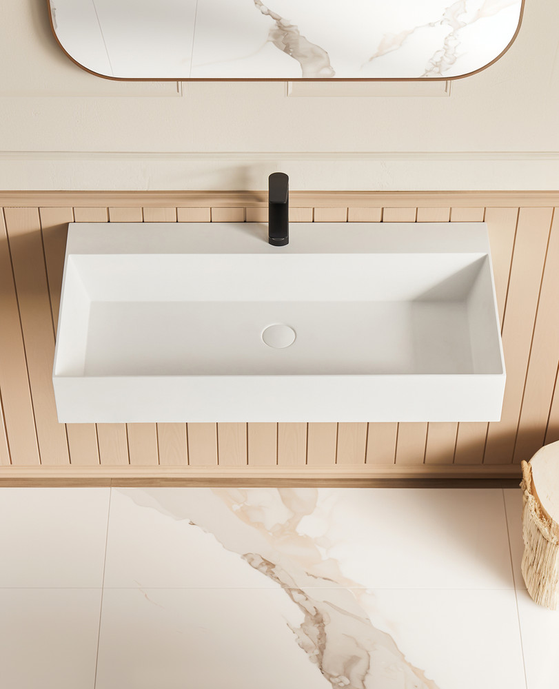 36" x 18" Solid Surface Wall Mount Rectangle Matte White Vessel Sink with Fauc