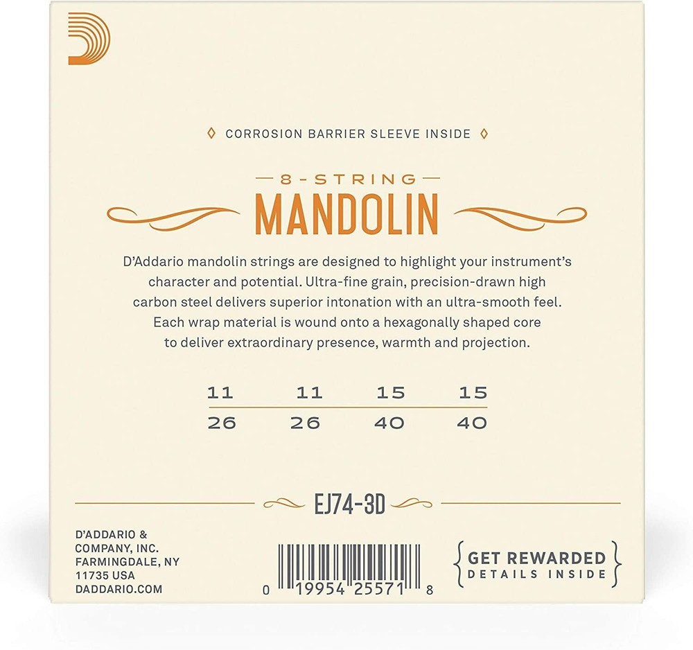 D'Addario EJ74-3D Mandolin Strings, Phosphor Bronze, Medium, 11-40, 3 Sets