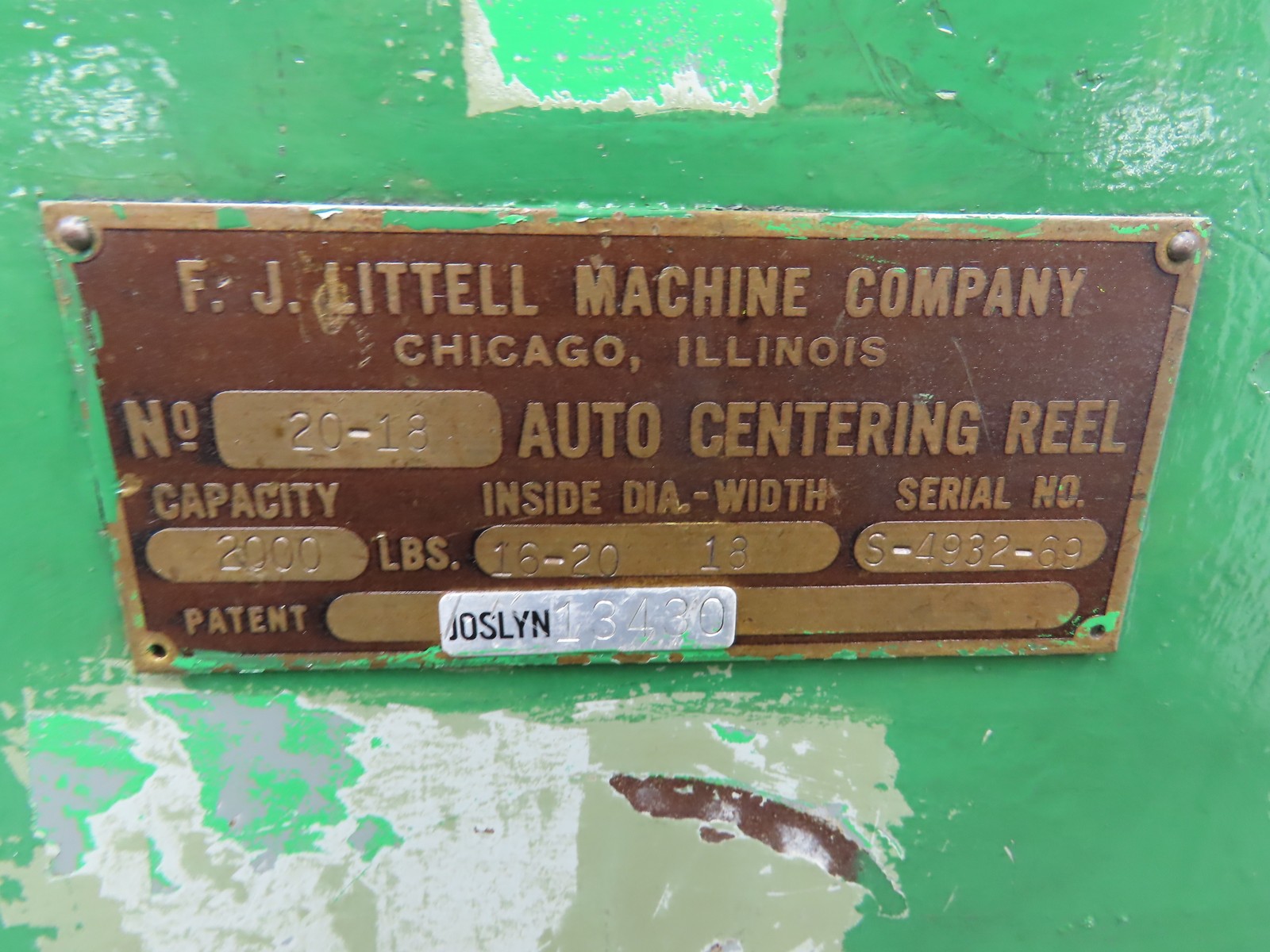 FJ Littell Machine No 20-18 Coil Stock Uncoiler 2000lbs 16-20" ID 18" W Decoiler