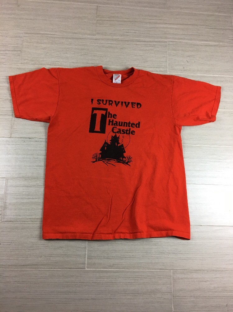 Vtg Tee Shirt Size Large I Survived The Haunted Castle Jerzees Orange