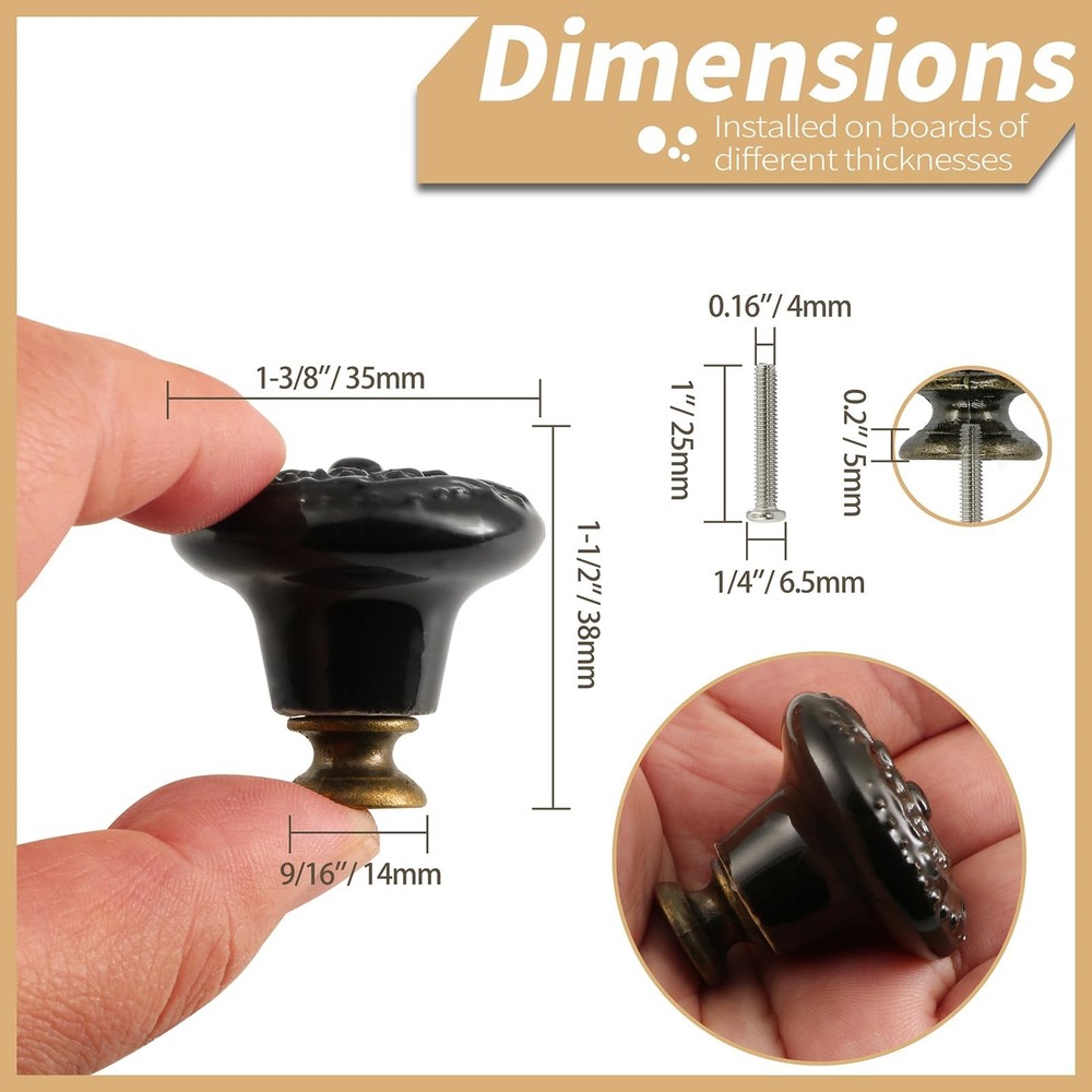Black Ceramic Knobs 20 Pack Flower Drawer Pulls Vintage Cabinet Knobs - Antiq...