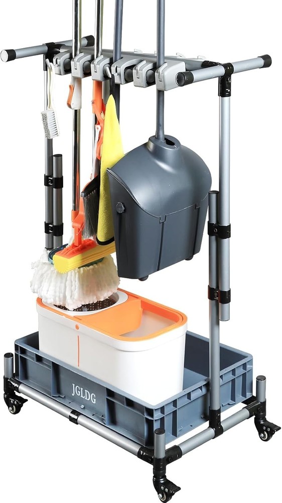 Freestanding Mobile Cleaning Tool Rack with Hooks - Rust Resistant Design