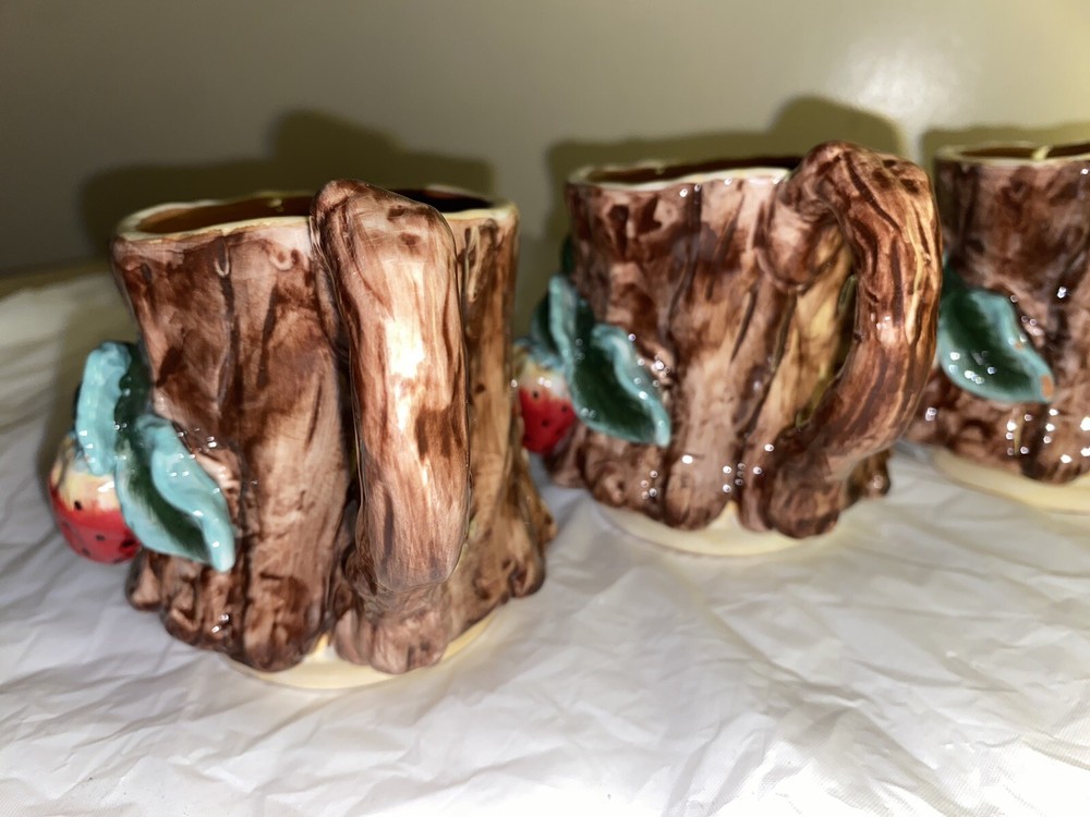 Apple Tree Strawberries Design Bark Ceramic pitcher and cup set damaged