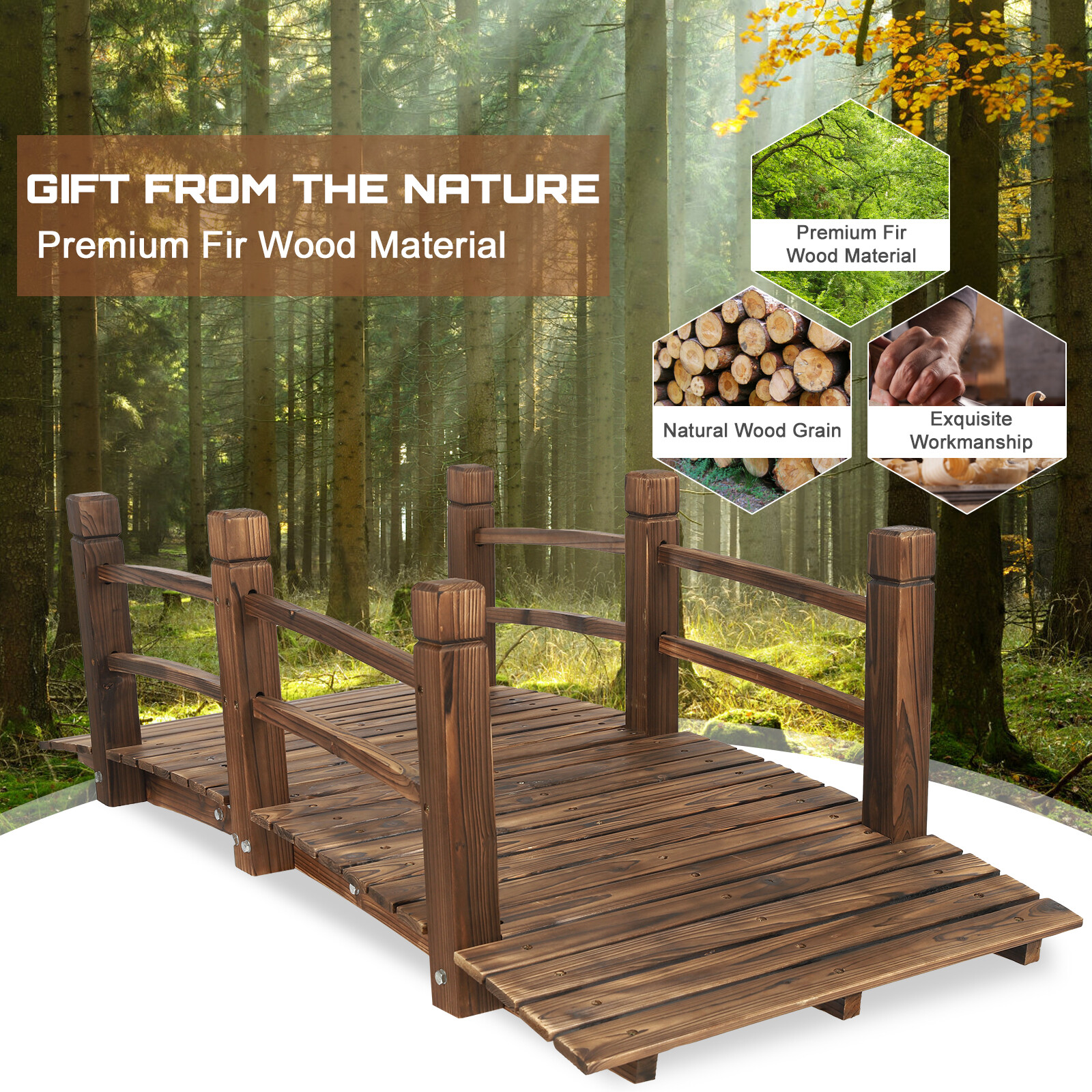 5FT Wooden Garden Bridge Decorative Pond Landscaping Bridge with Double Railings