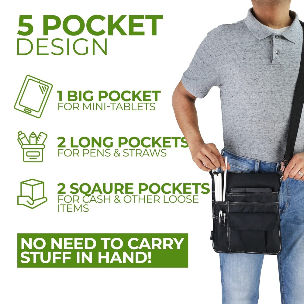Waitress Apron with 5 Pockets - Black Server Apron with Adjustable/Removable ...