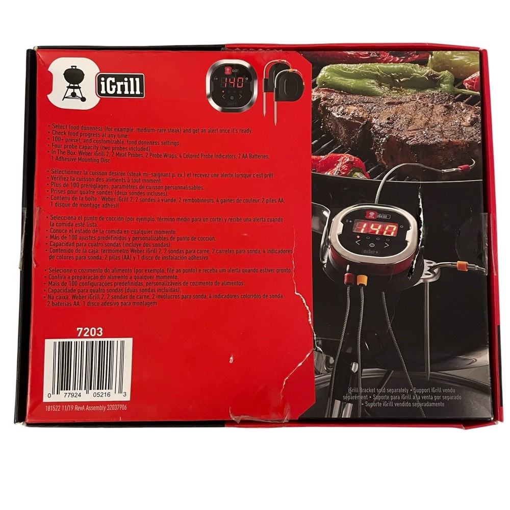 Weber iGrill 2 Bluetooth Smart Bbq Thermometer 7203, 4 Probe Capacity, Open Box