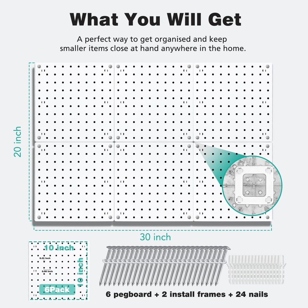6Pcs Peg board, Pegboard Wall Organizer Panels, Wall Mount Display Small Pegb...