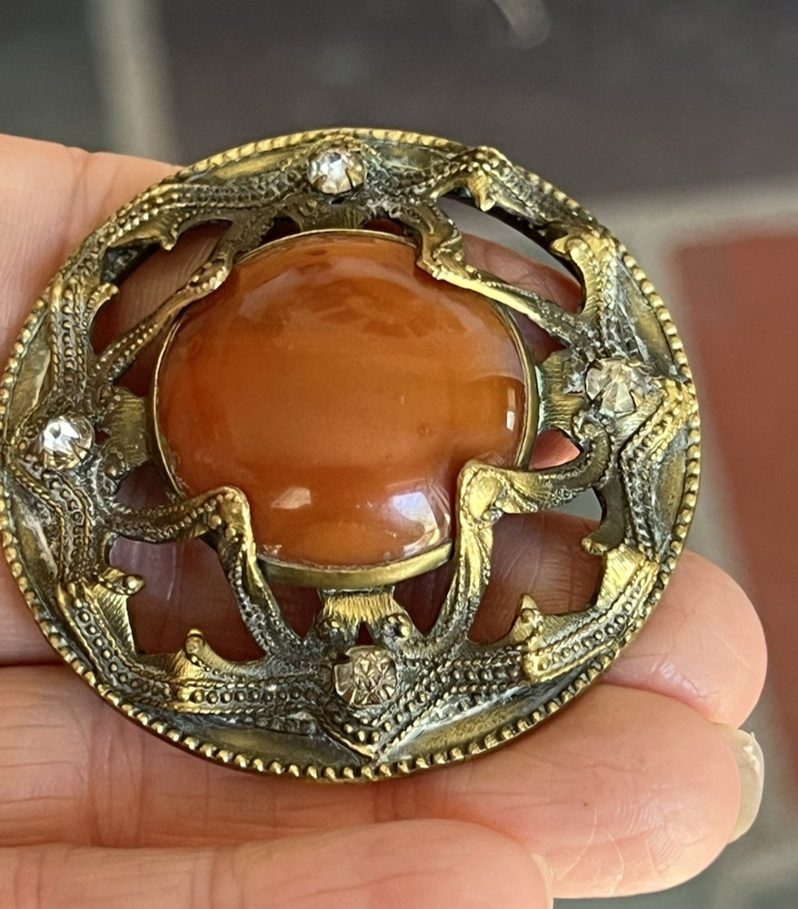 Antique Ornate Large 2" Brass & Orange Stone Agate Paste Button