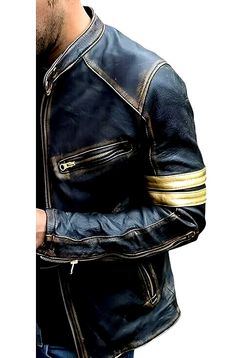 Men's Leather Jacket Motorcycle Distressed Café Racer Black Genuine Lambskin