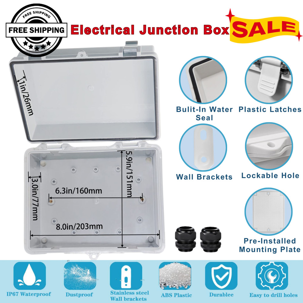 IP67 Waterproof Electrical Junction Box, ABS, Wall Bracket 2Cable Glands, Grey