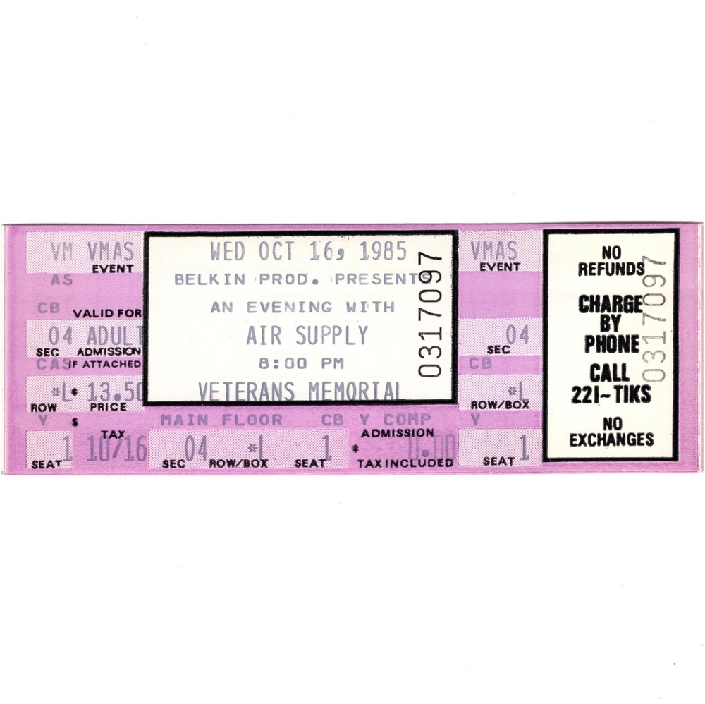 AIR SUPPLY Concert Ticket Stub COLUMBUS OHIO 10/16/85 VETERANS MEMORIAL Rare!