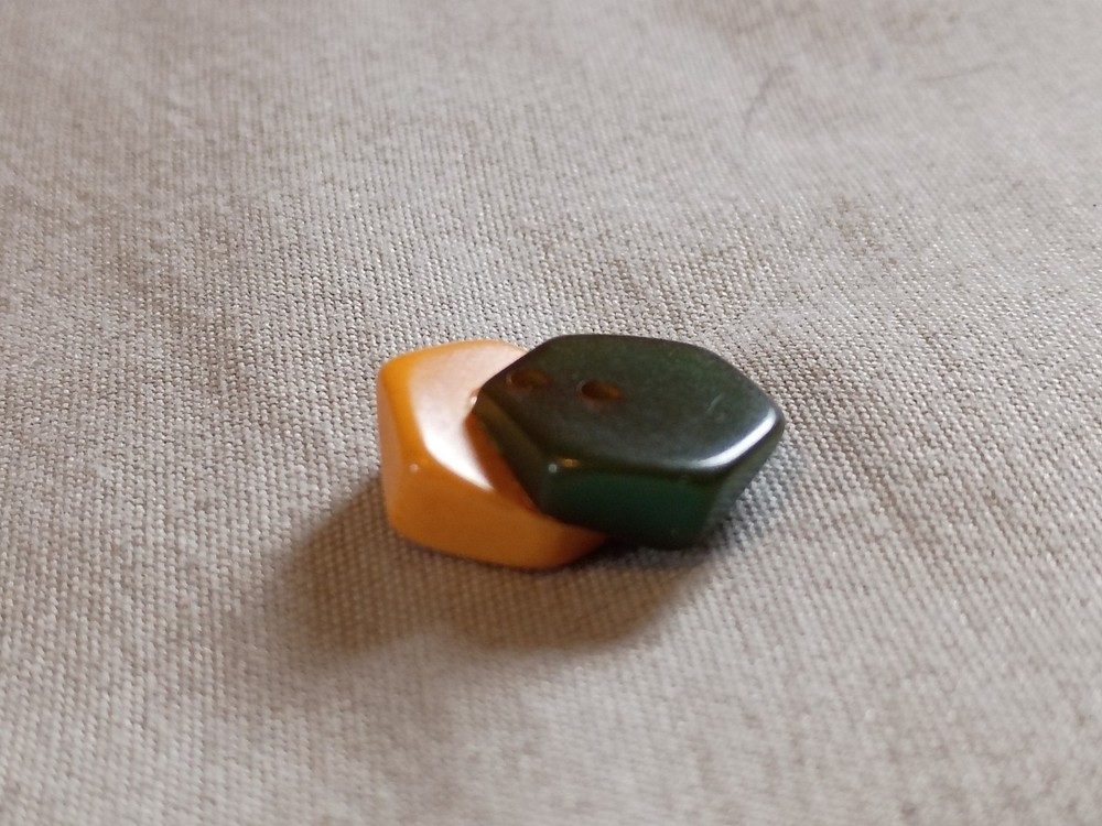 Vintage Green and Butterscotch Bakelite Button.