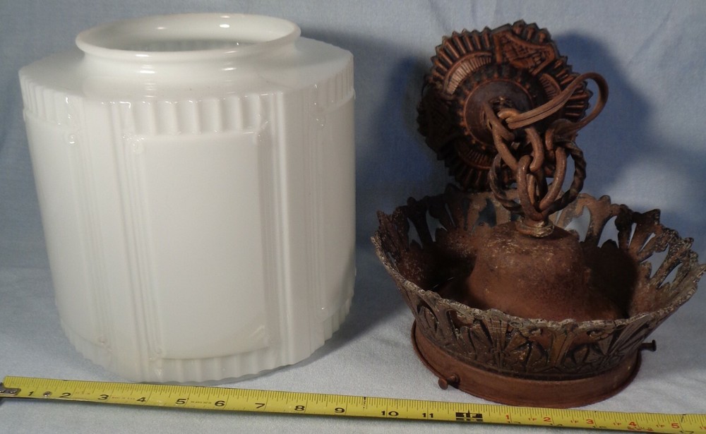 Antique CEILING Hanging Light Fixture WHITE PATTERN GLASS SHADE copper brass