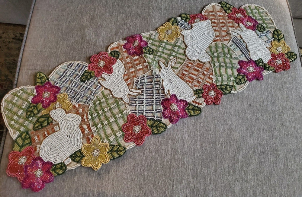 Easter Beaded Table Runner Pastel Bunny Eggs Floral