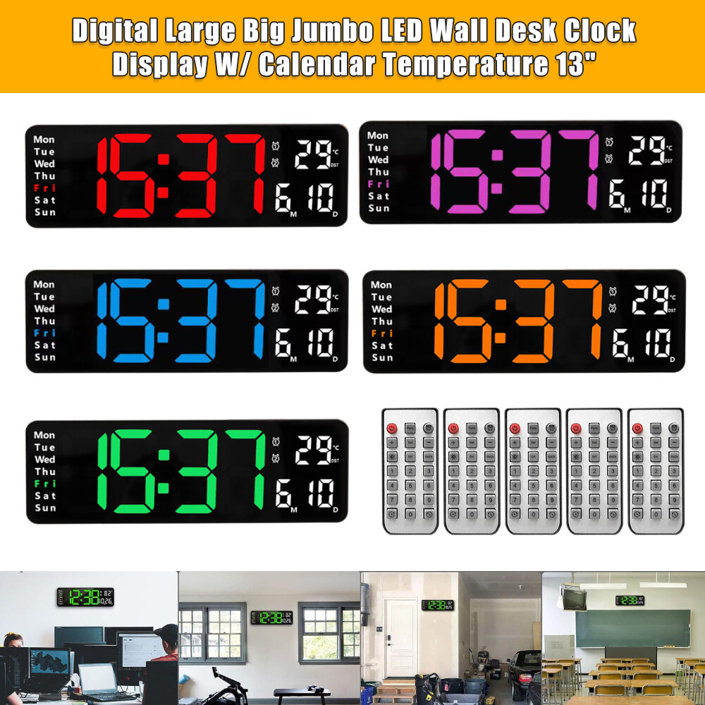 13" Large LED Digital Wall Clock Temperature Date Display Alarm Clock Countdown