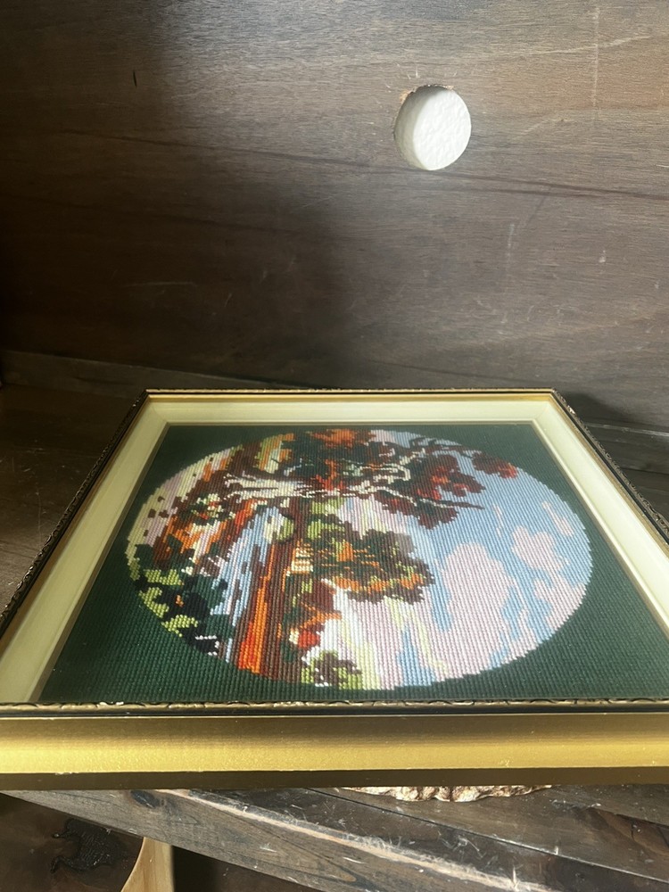 HAND MADE NEEDLE POINT FLORAL WALL HANGING FRAMED IN SOLID WOOD FRAME