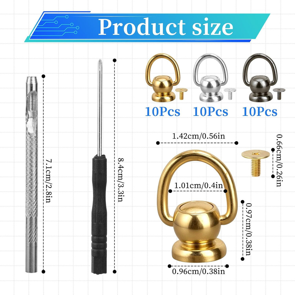 32 PCS Brass Ball Studs Rivets D Ring, Crossbody Conversion Kit, 360°Rotatable L
