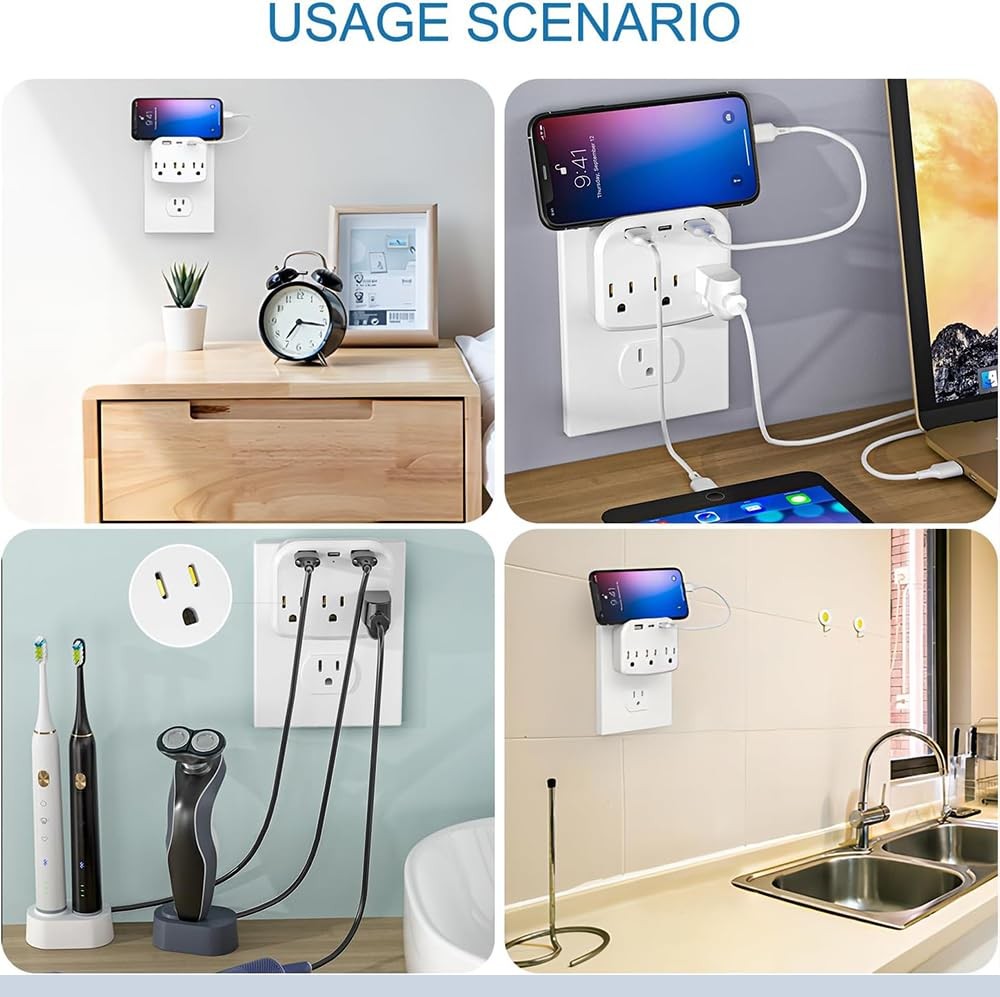 2 Conector Multiple De Corriente Con USB/C Para Pared Viaje Cargar Celulares Set