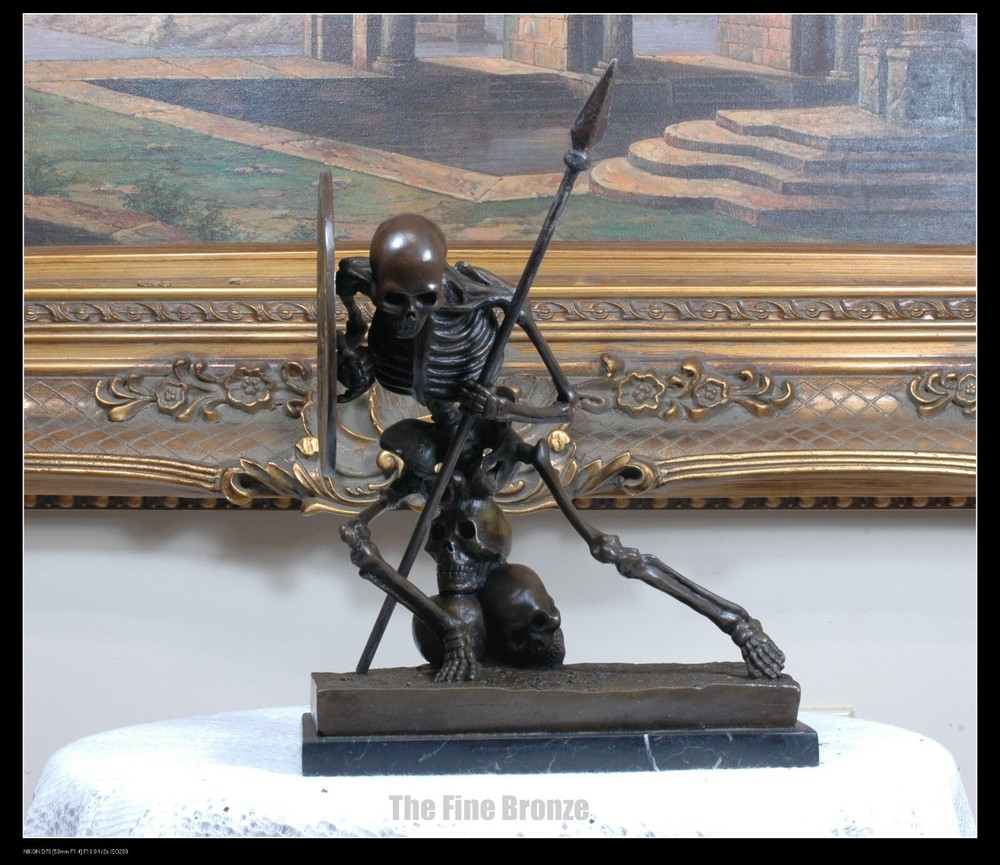 Signed Milo Bronze Statue, Bronze Skull Skeleton Warrior sculpture