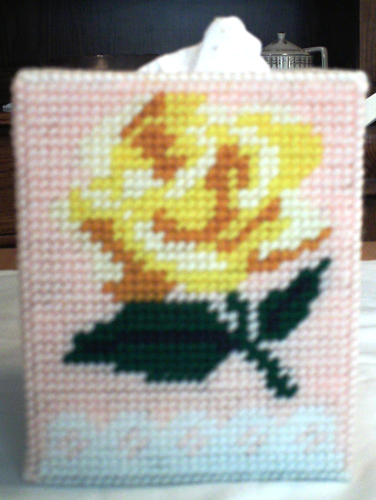 "Yellow Rose" Tissue Box Cover (Plastic & Yarn) Finished