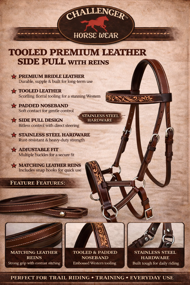 Horse Western Leather Bitless Sidepull Bridle Split Reins 77RS29BR