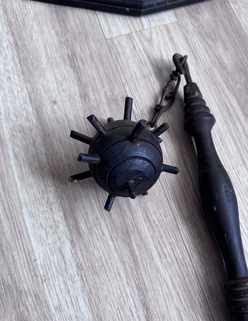1960 Medieval Mace & Flail Wall Decor Wood Plaque Removable Weapon Vintage