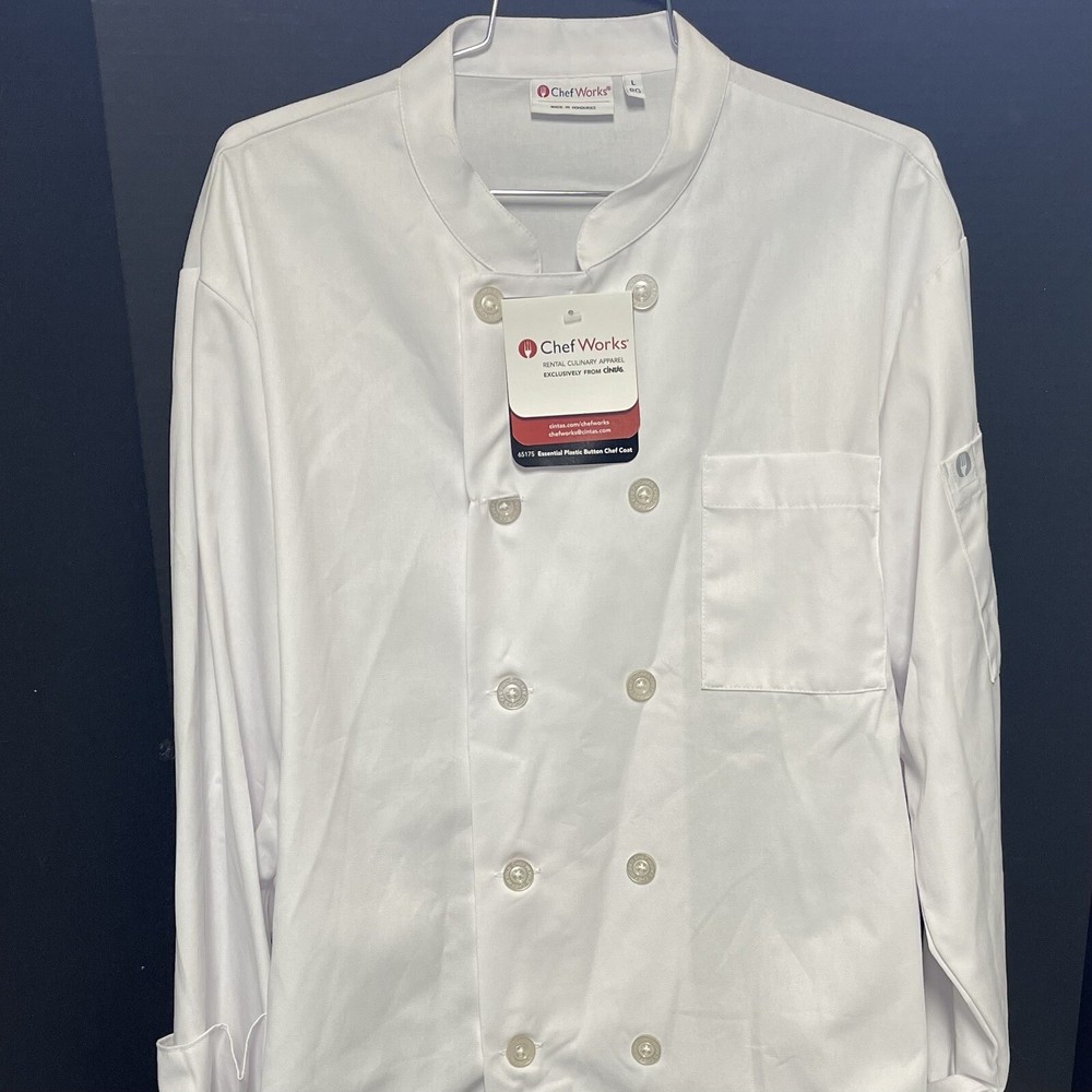 Chef Works Unisex Essential Plastic Button Le Mans Coat White Large Regular NEW