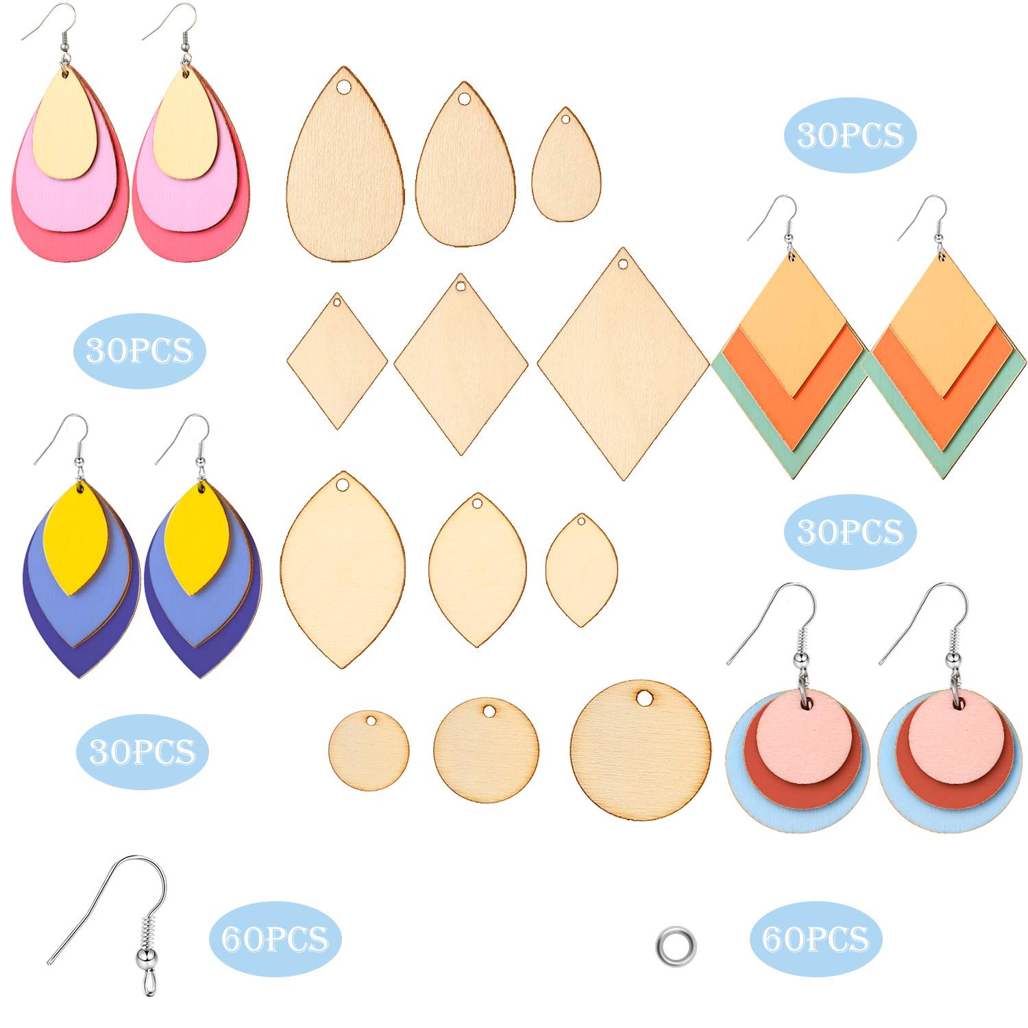 240 Pcs Wooden Earring Blanks Kit Teardrop Wood Pendants with Hooks & Jump Rings