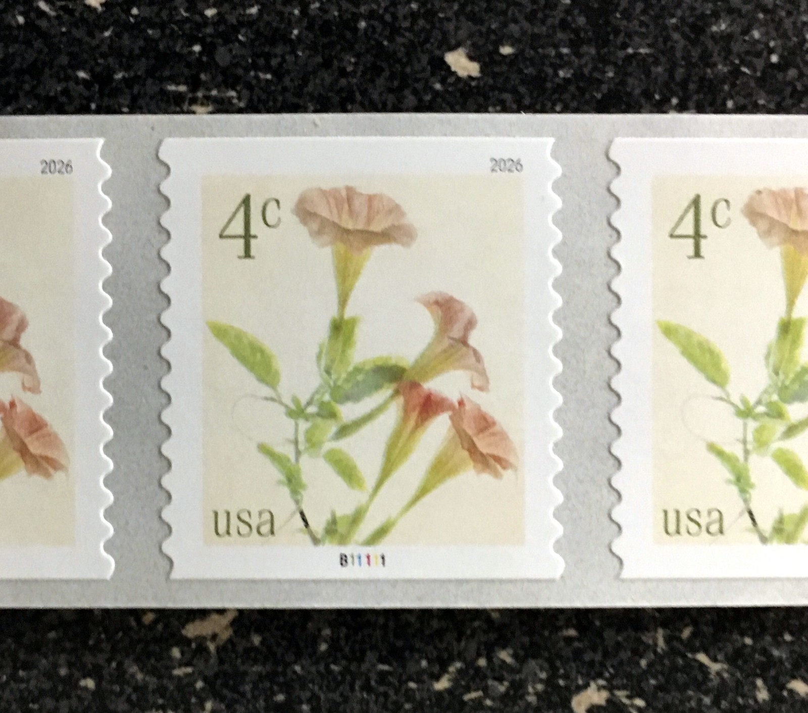 2026USA #6045 4c Angel's Trumpets - Plate Number Coil Strip of 5 - PNC Mint