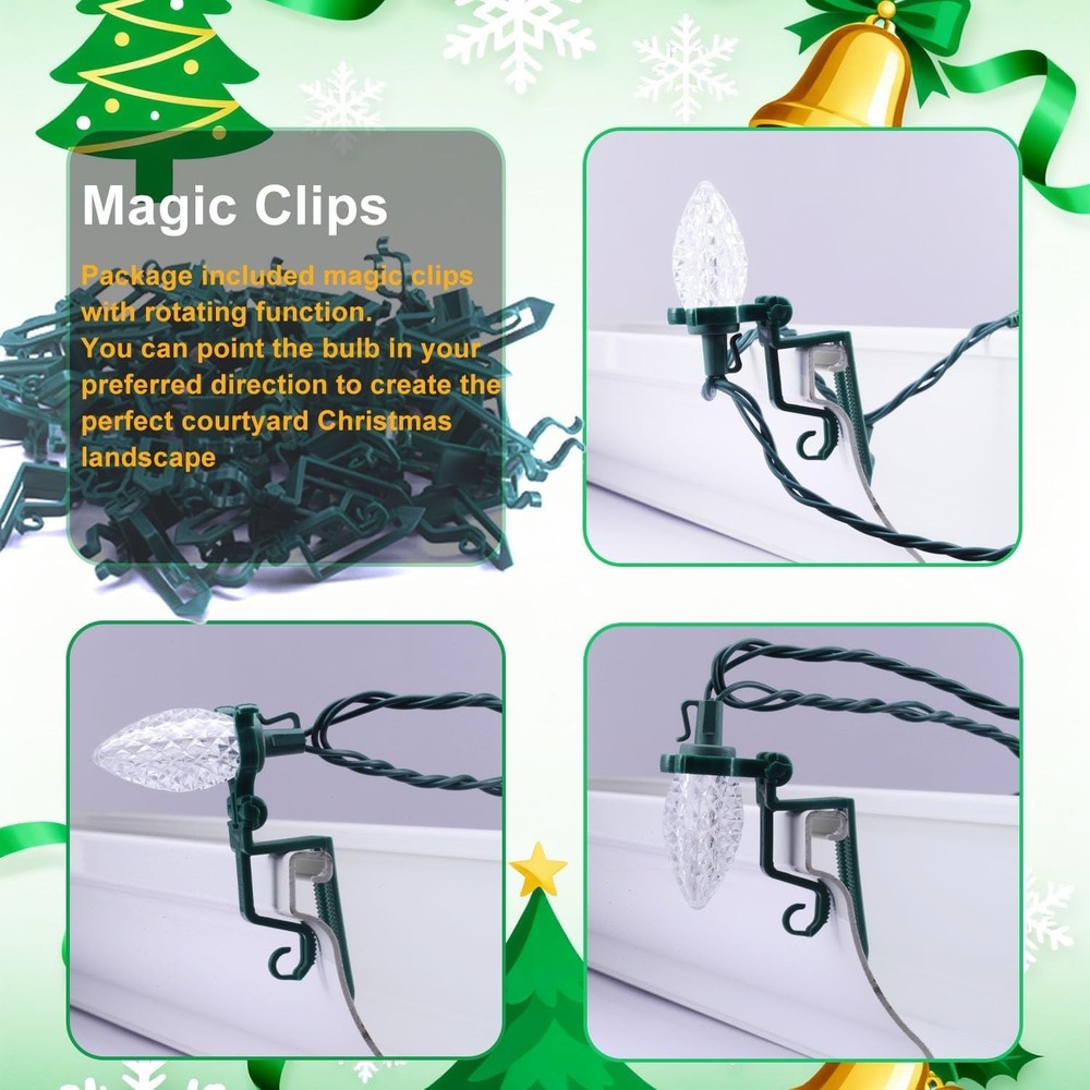 C9 LED Christmas String Lights, Quick Shingle Gutter Clips, 33 Ft End to End Con