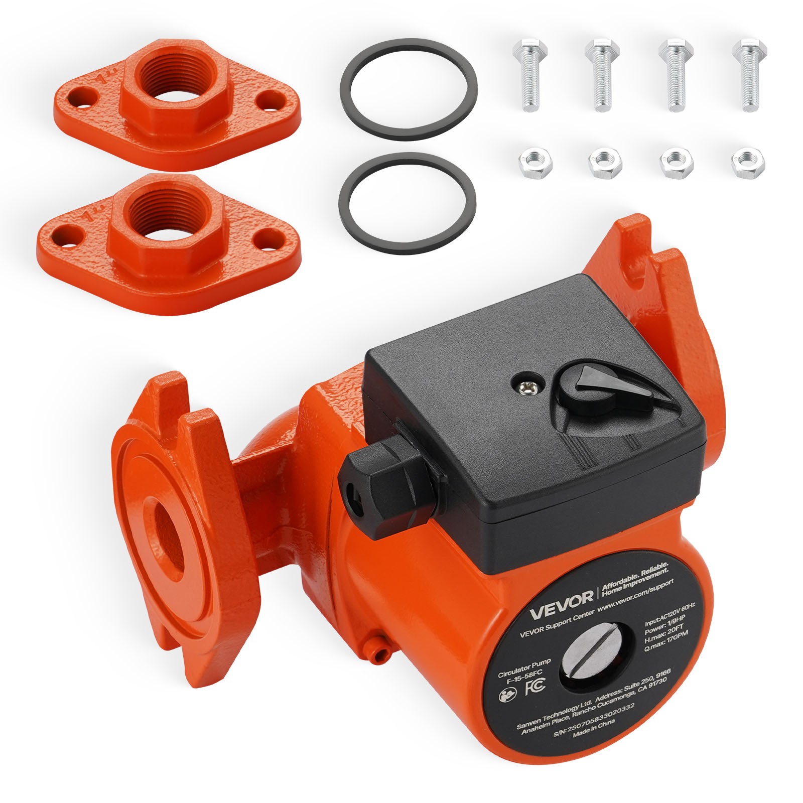 VEVOR F-15-58FC Cast Iron Circulator Pump Hot Water Circulation 1/9 HP 17 GPM