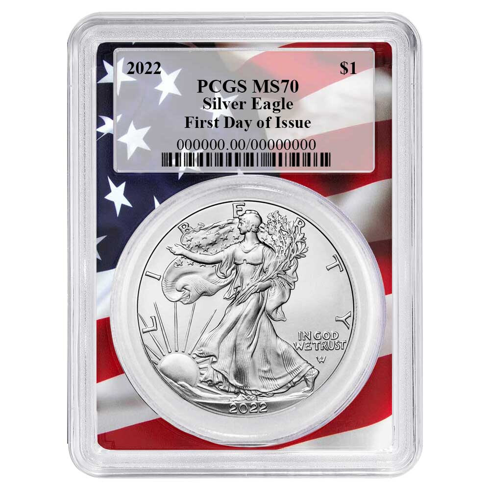 2022 $1 American Silver Eagle PCGS MS70 FDOI Flag Frame