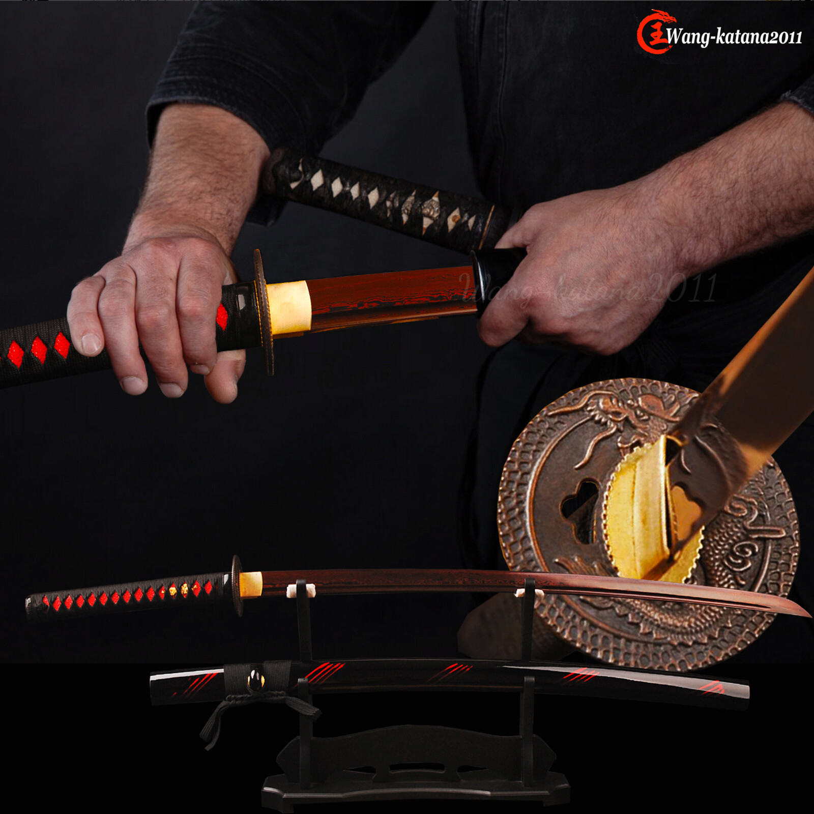 Blood Red Damascus Folded Steel Katana Battle Ready Japanese Samurai Sharp Sword