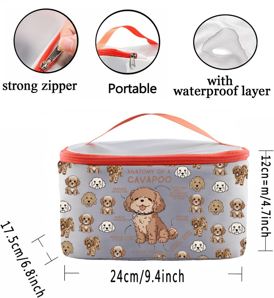 Grey Cavapoo Toiletry Organizer Bag, Cosmetic Case, Cavapoo Mom Dog Owner Gift
