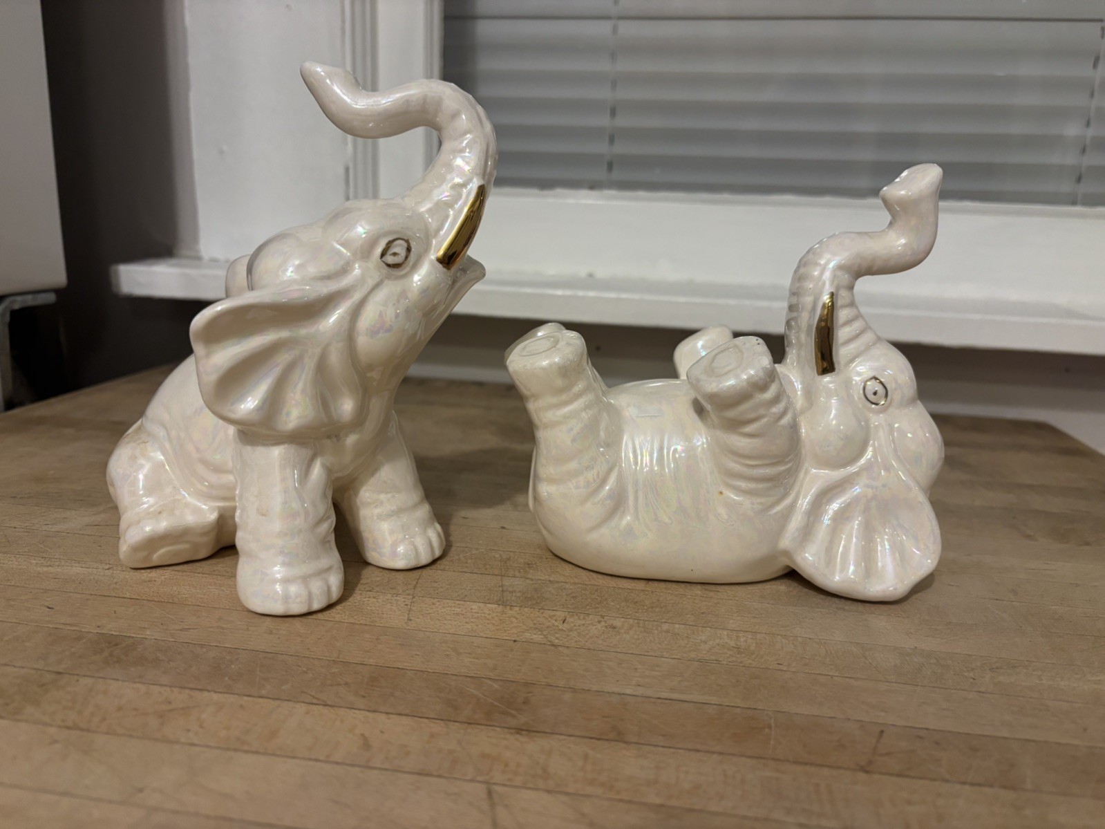 Vtg Lustreware Elephant Figurine 1950's Trunk Up LusterWare Gray & Pink MCM set