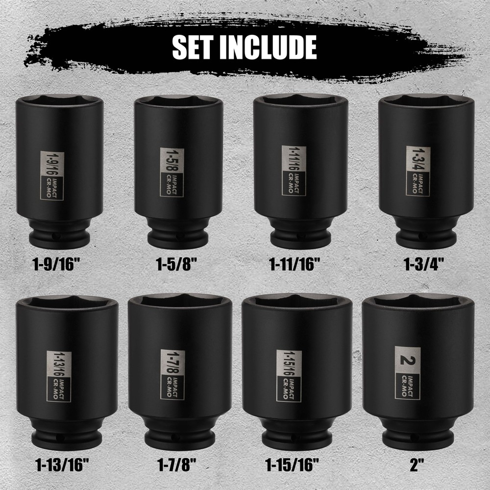 8PCS 1/2"Dr. Deep Impact Socket Set-SAE, 1-9/16" to 2", 6-Point CR-MO