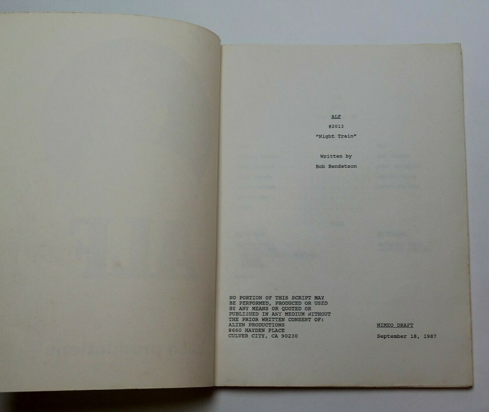 ALF / Bob Bendetson, 1987 TV Script "Night Train" Classic furry alien wiseguy