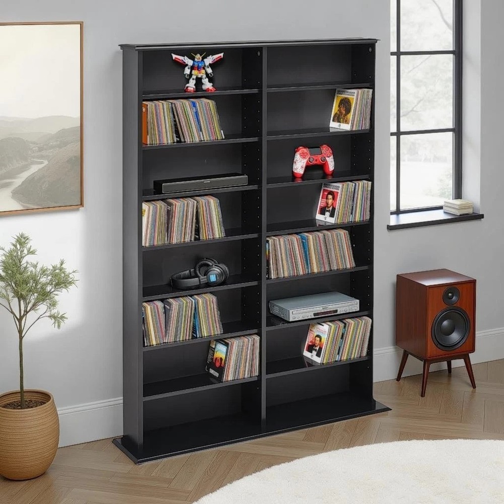 Elegant Double Width Display Cabinet with Adjustable Shelving for Media Storage