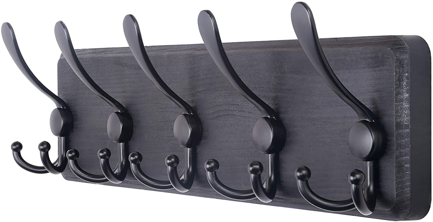 Rustic Coat Rack with 5 Hooks - Black Wall Mounted 24" Coat Rack - Solid Pine...