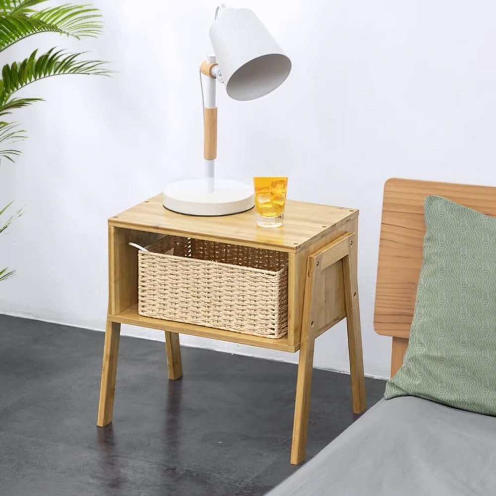 Modern Bamboo Nightstands End Tables Bedroom W/ Storage Small Bedside Table
