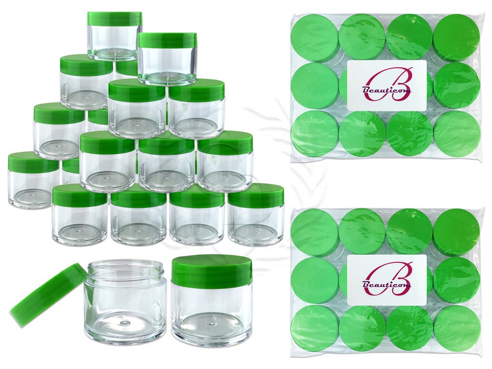 24 Pieces 30 Gram/30ml Plastic Clear Sample Jar Containers with Green Flat Lids