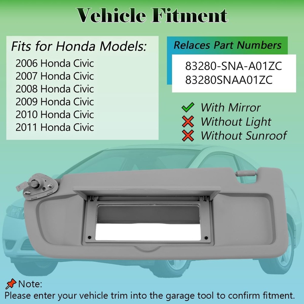 Left Driver Side Sun Visor LH with Mirror Compatible with 2006 2007 2008 2009 20