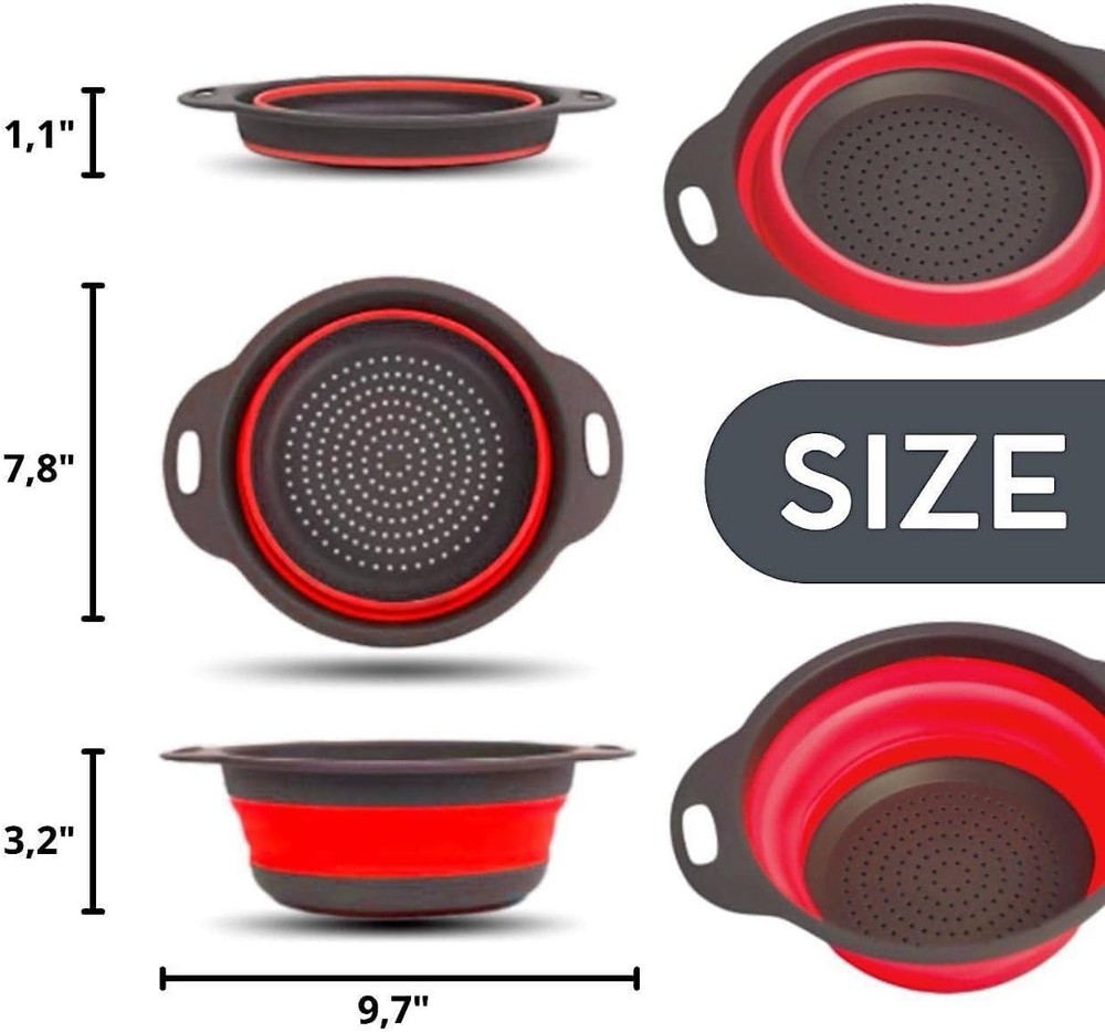 Red Round Silicone Collapsible Colander – Silicone Round Kitchen Strainers wi...