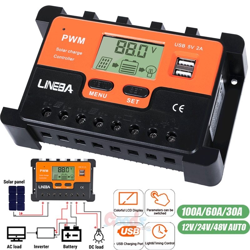 30/60/100A PWM Solar Panel Battery Charge Controller 12V/24V/48V Regulator 2 USB