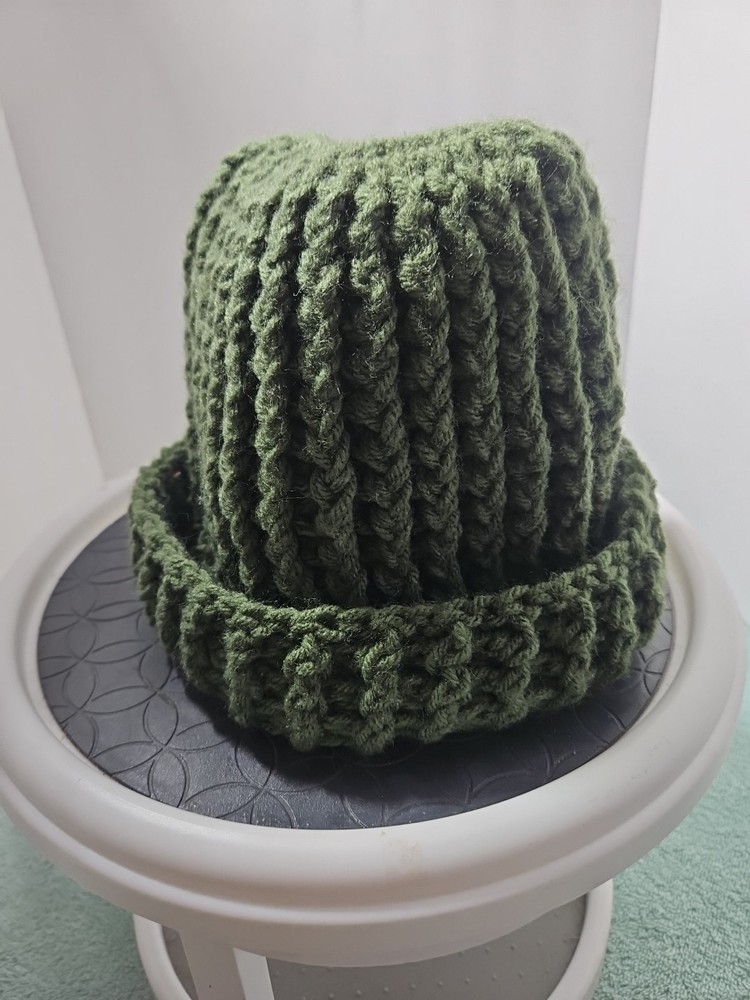 Crocheted Handmade Hat With Top Hole for Ponytail. Green