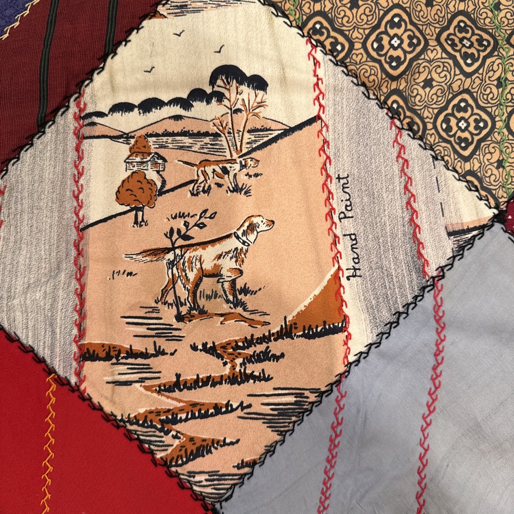 Vtg Silk Patchwork Crazy Quilt Hand Embroidered Signed 1958 Tice